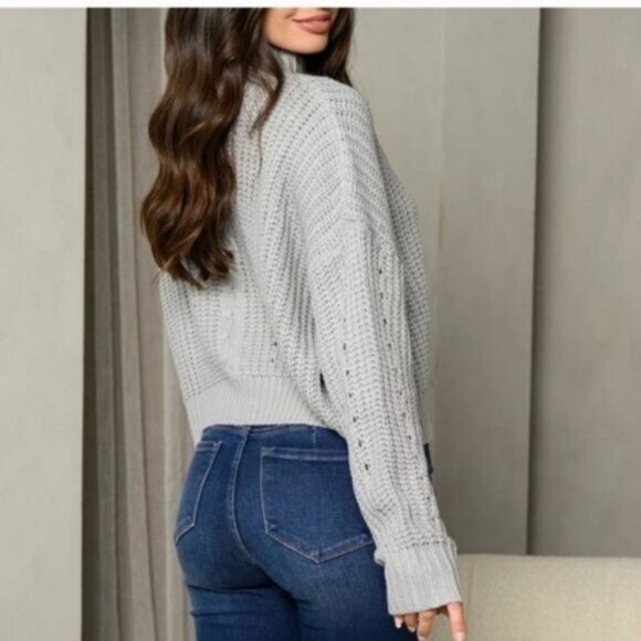 Light Grey Long Sleeve Mock Neck Trendy Knit Sweater-NEW-SIZE: LARGE - Picture 5 of 6